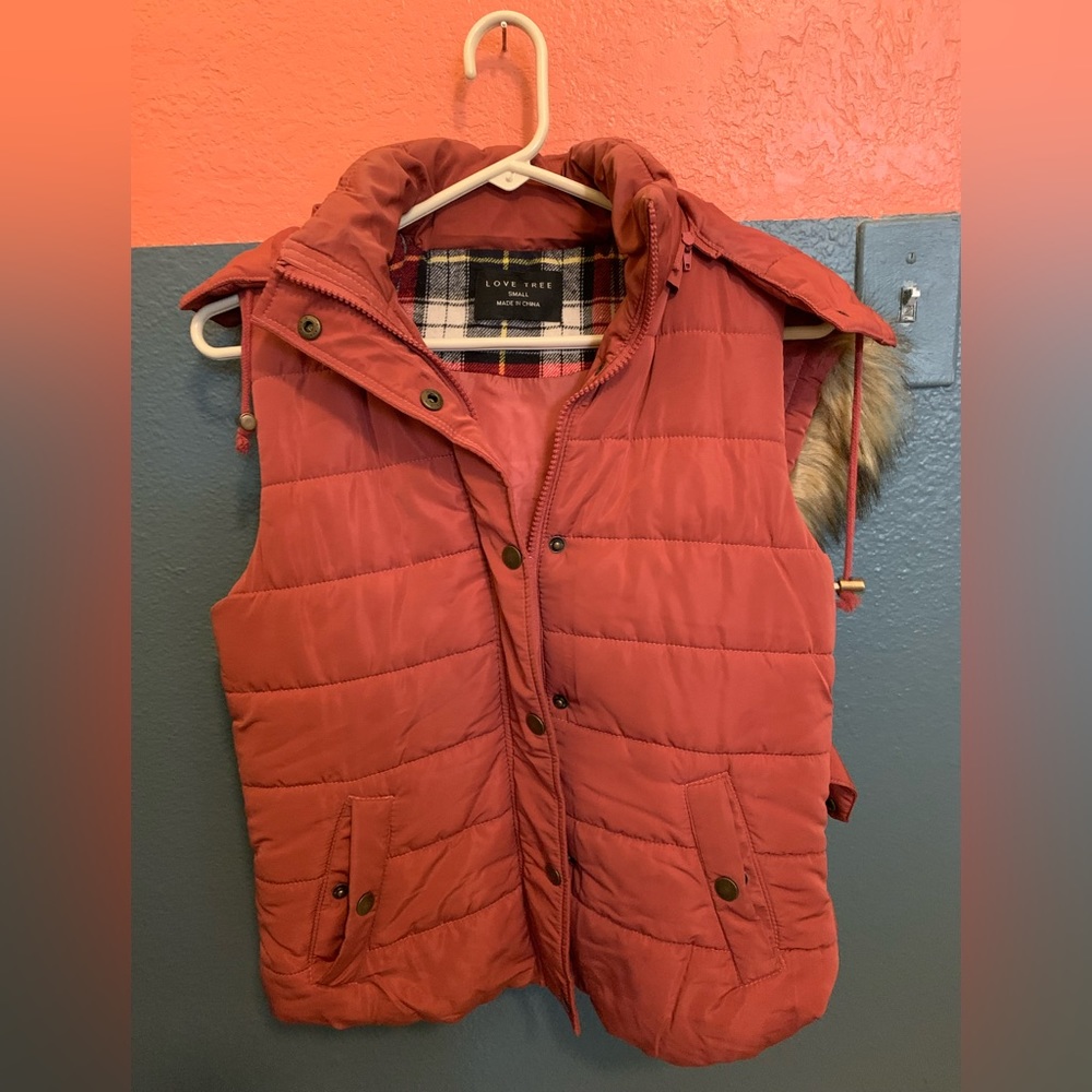 Small, Love Tree, hooded vest with fur, snap pockets, drawstring hood